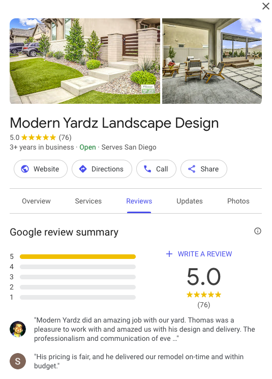 google reviews for landscapers